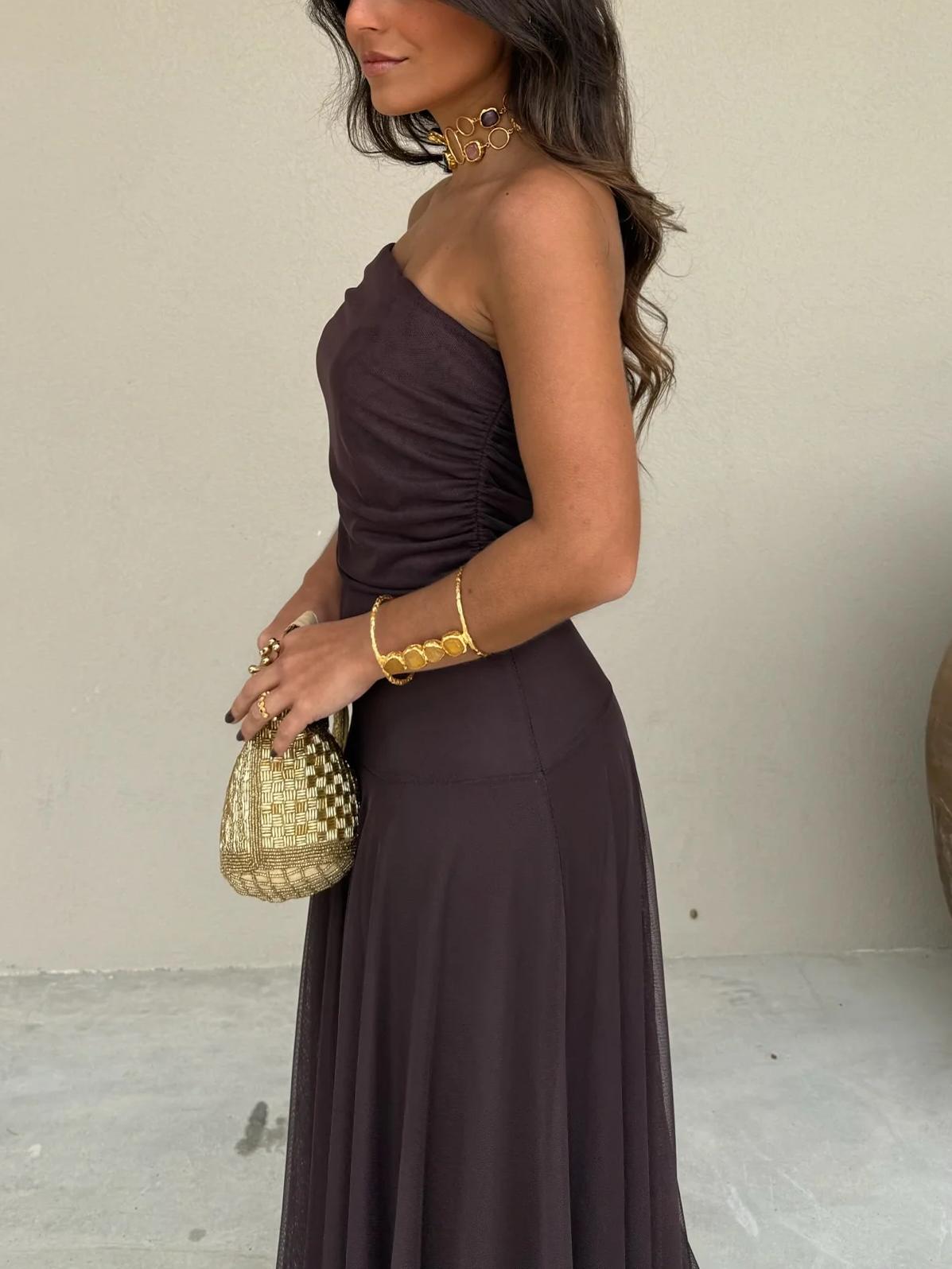 Women's Chiffon Maxi Dress – Off-Shoulder Gathered Bodice