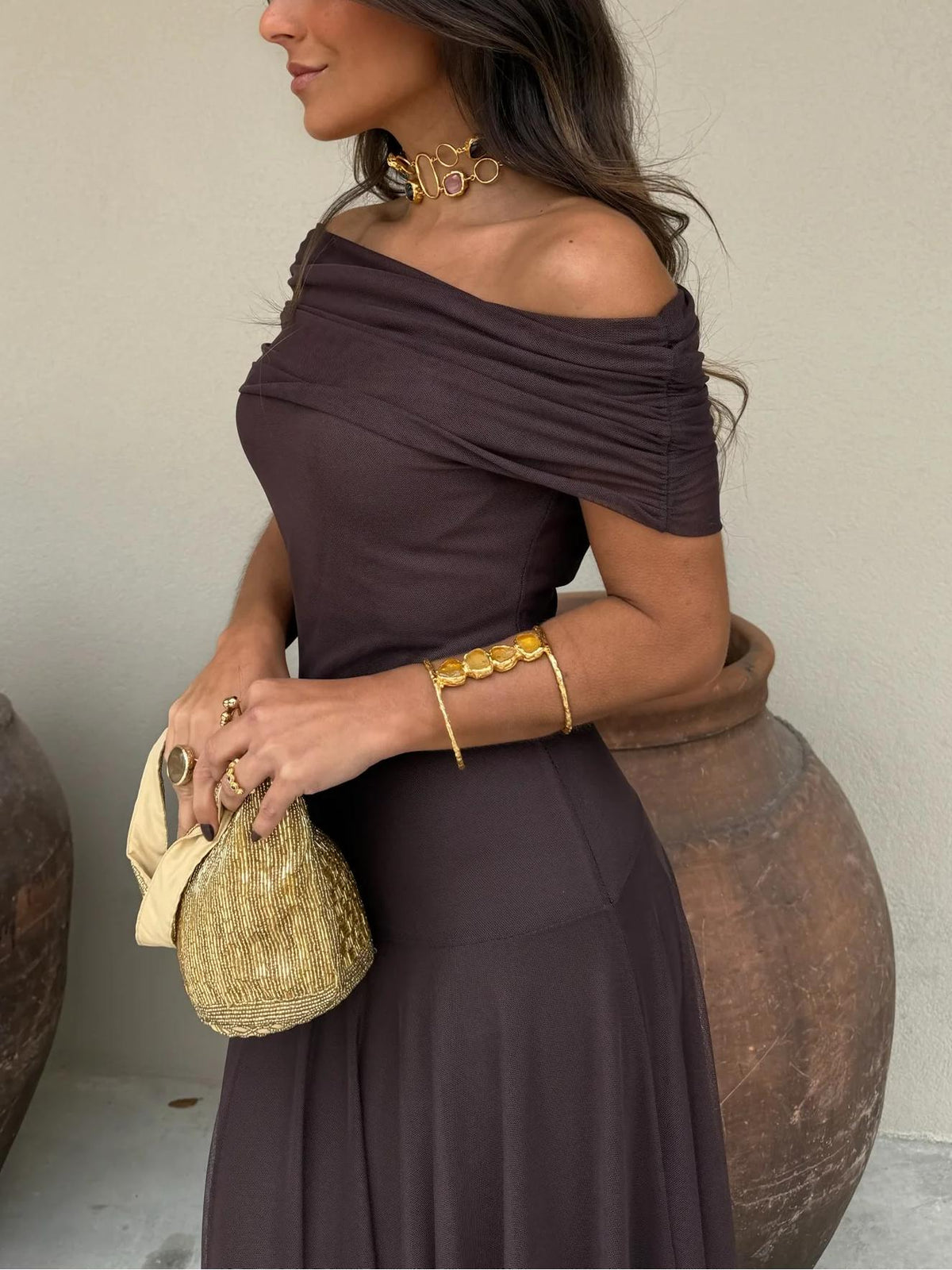 Women's Chiffon Maxi Dress – Off-Shoulder Gathered Bodice