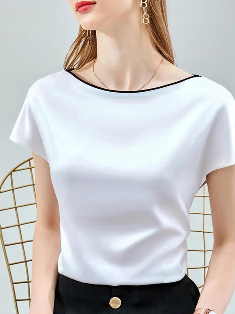 Women's Satin Silk T-Shirt – Contrast-Trim Crew Neck