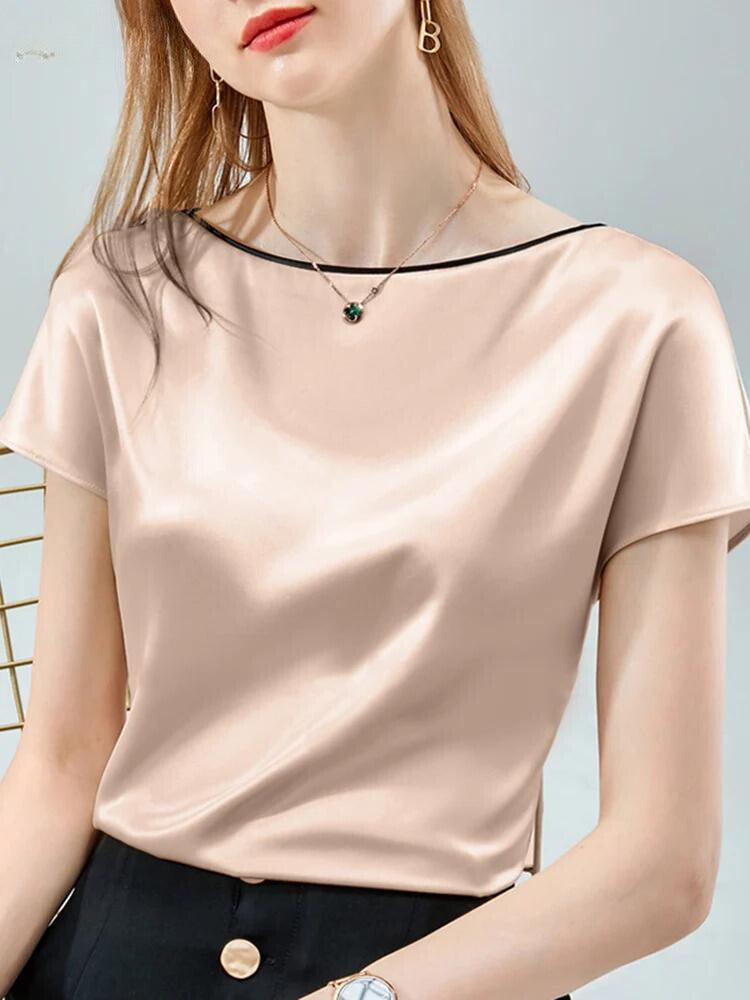 Women's Satin Silk T-Shirt – Contrast-Trim Crew Neck