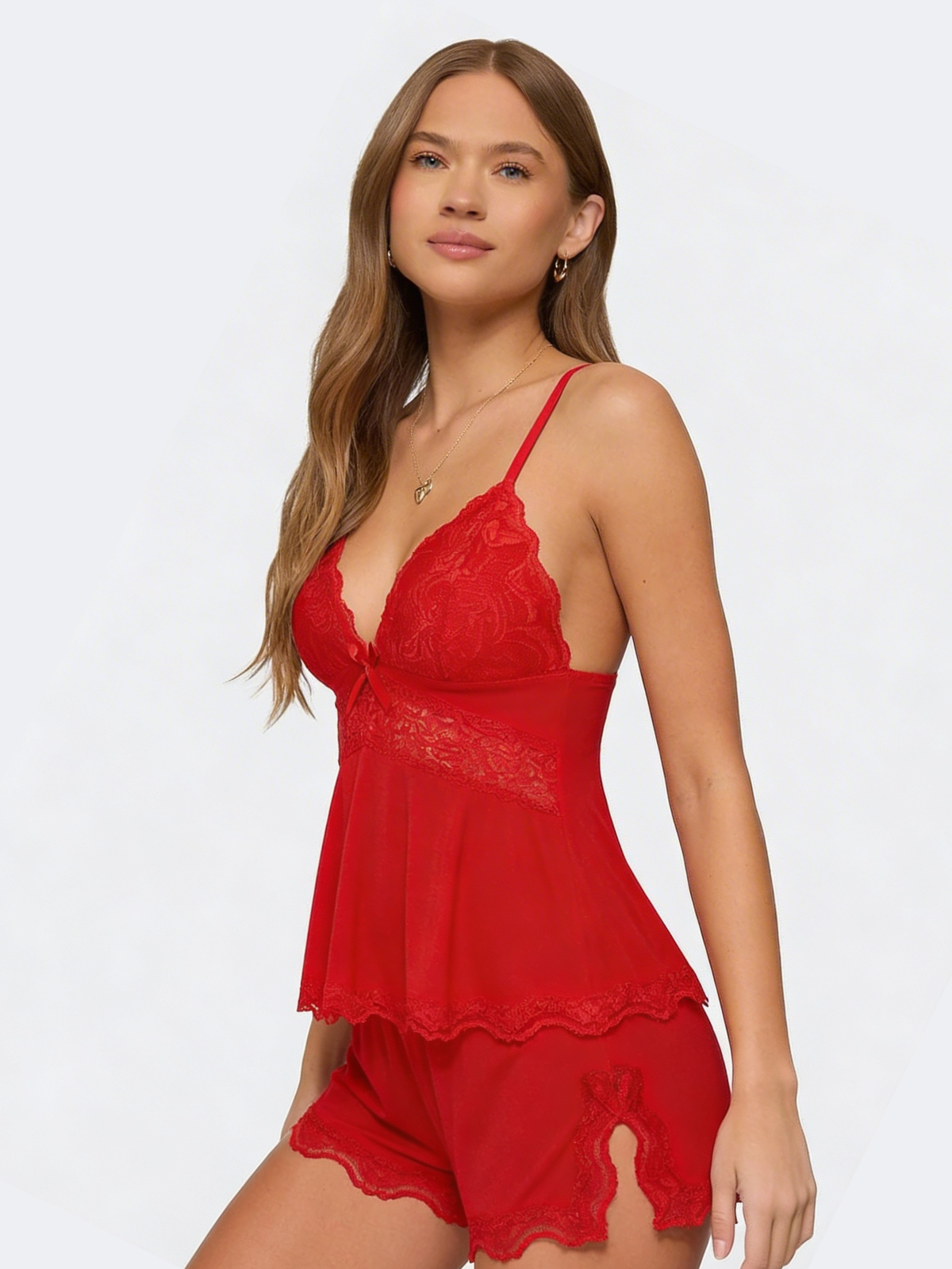 Women's Lace-Trim Cami and Shorts Set – Deep V Bow Detail
