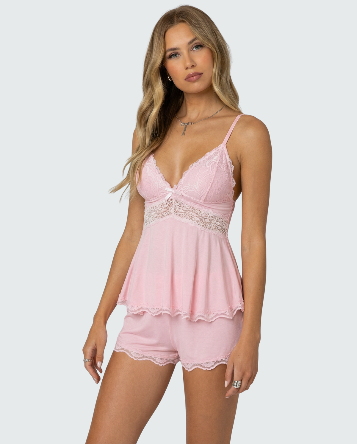 Women's Lace-Trim Cami and Shorts Set – Deep V Bow Detail