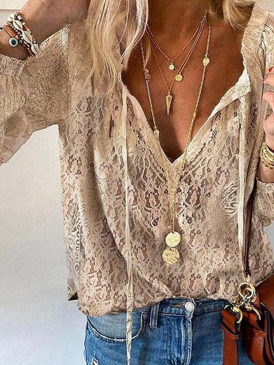 Women's V-Neck Blouse – Boho Patterned Long Sleeve