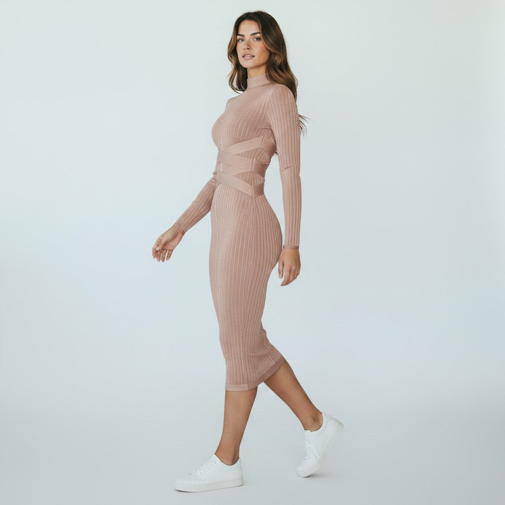 Women's Long Sleeve Midi Dress – Fitted Round Neck