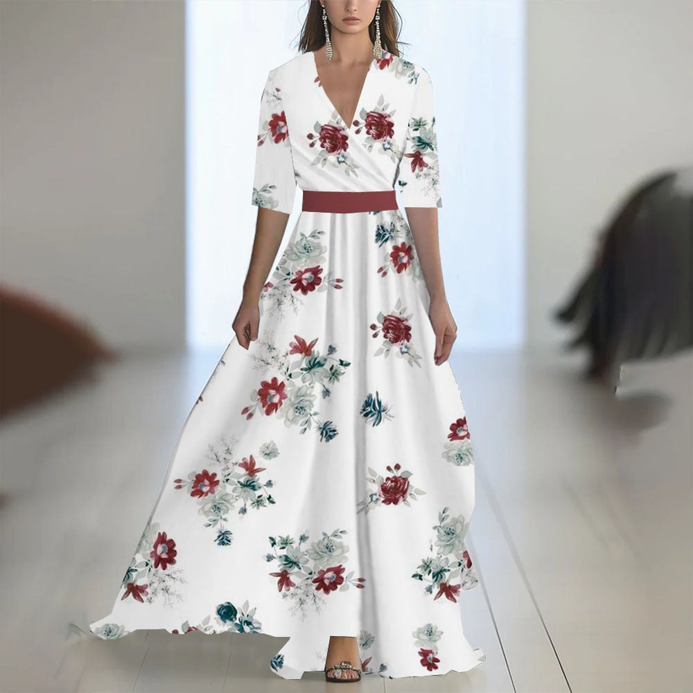 Women's Floral Maxi Dress – V-Neck Fitted Waist