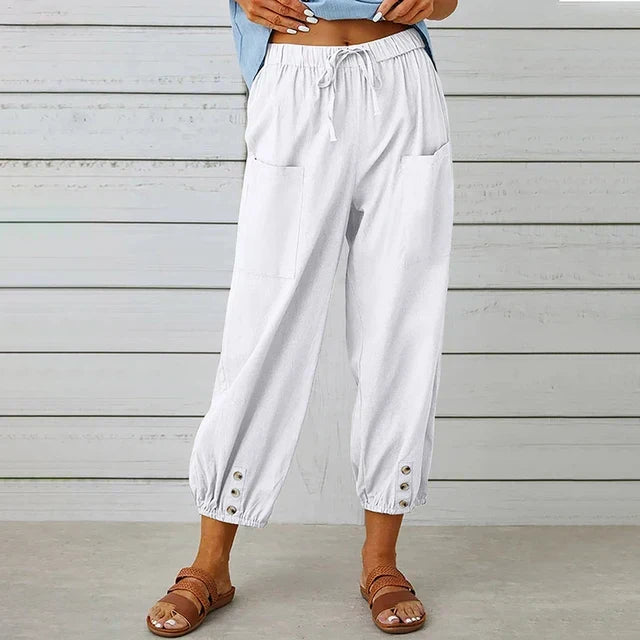 Women's High-Waist Linen-Blend Pants – Cropped Drawstring Fit