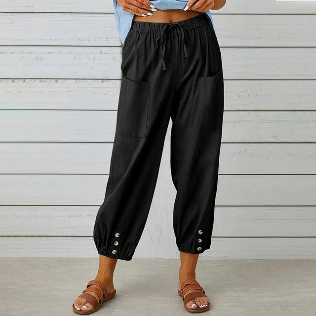 Women's High-Waist Linen-Blend Pants – Cropped Drawstring Fit
