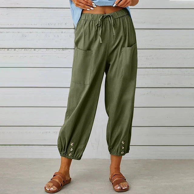 Women's High-Waist Linen-Blend Pants – Cropped Drawstring Fit