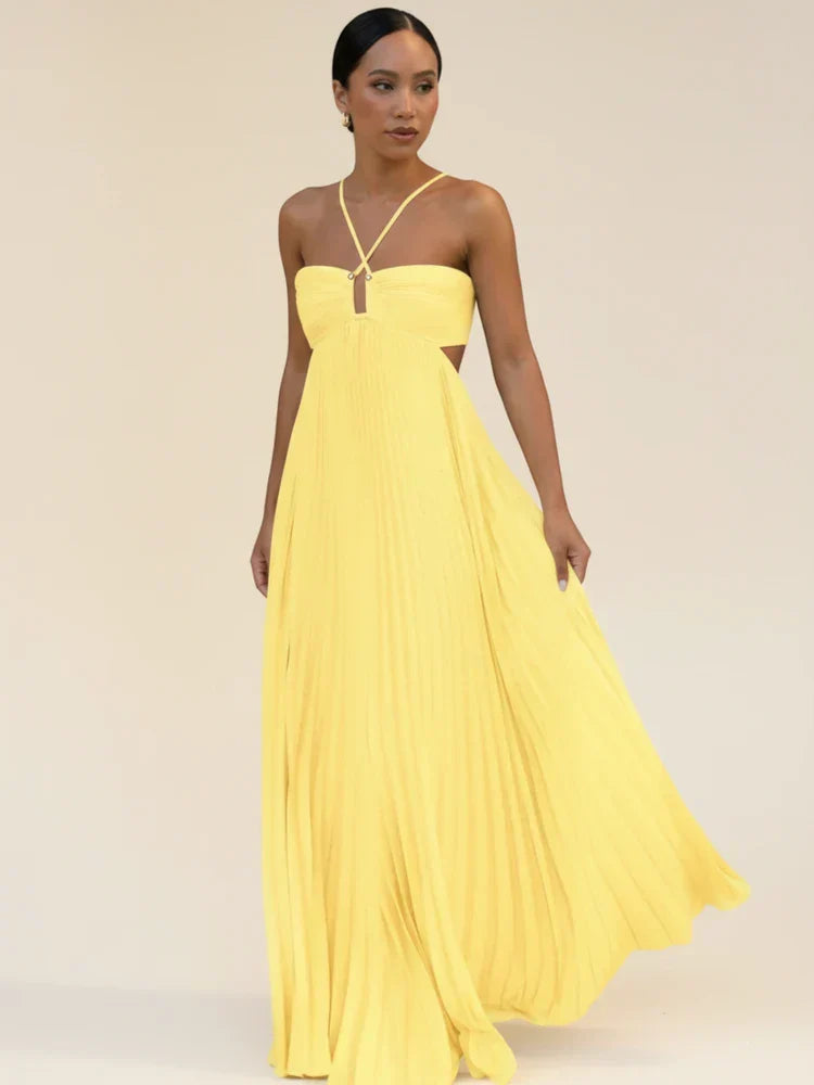 Women's Pleated Halter Maxi Dress – Open Back Floor Length