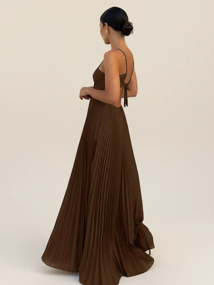 Women's Pleated Halter Maxi Dress – Open Back Floor Length