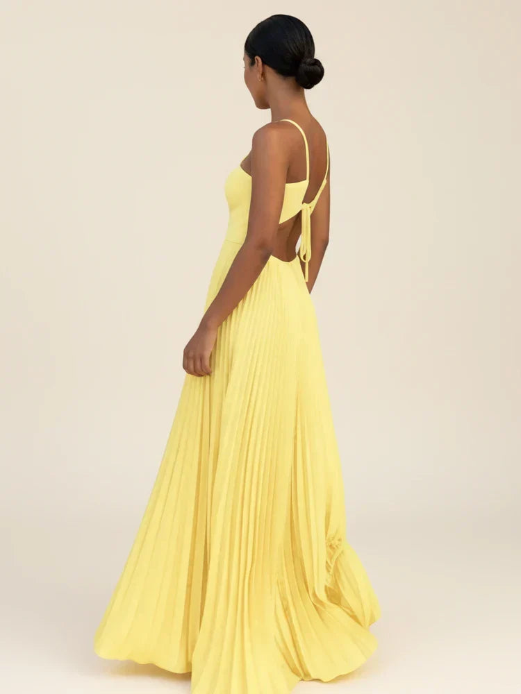 Women's Pleated Halter Maxi Dress – Open Back Floor Length