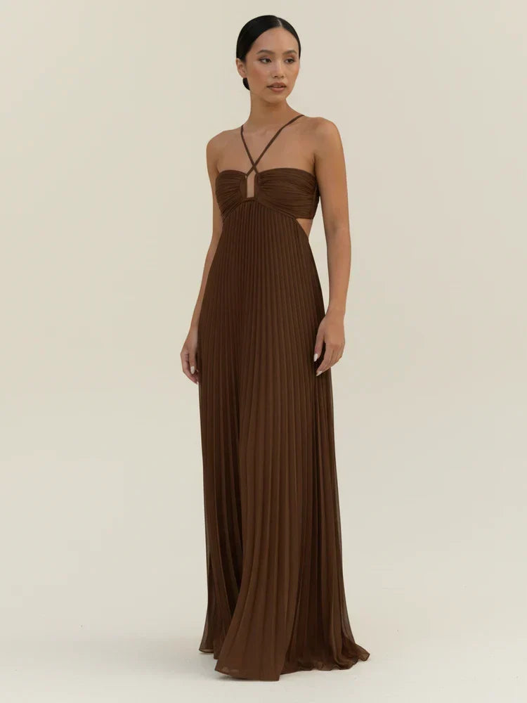 Women's Pleated Halter Maxi Dress – Open Back Floor Length