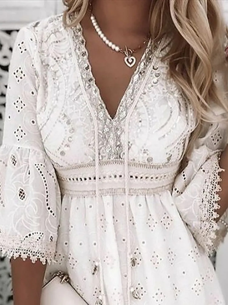 Women's V-Neck Midi Dress – Loose 3/4 Sleeve Fit