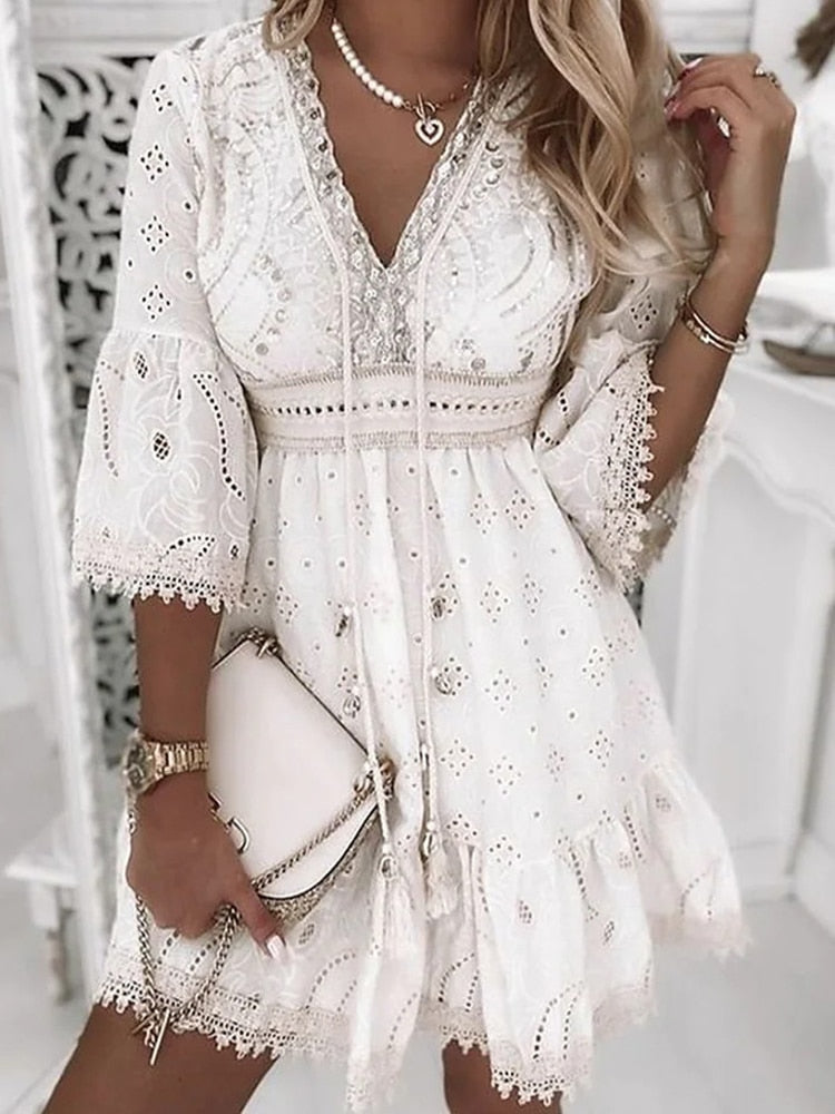 Women's V-Neck Midi Dress – Loose 3/4 Sleeve Fit