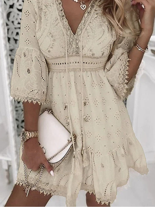Women's V-Neck Midi Dress – Loose 3/4 Sleeve Fit