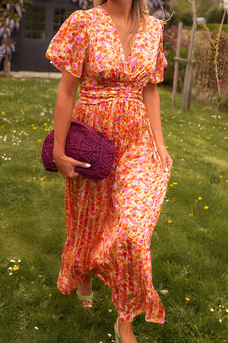 Women's Floral Maxi Dress – V-Neck Elastic Waist
