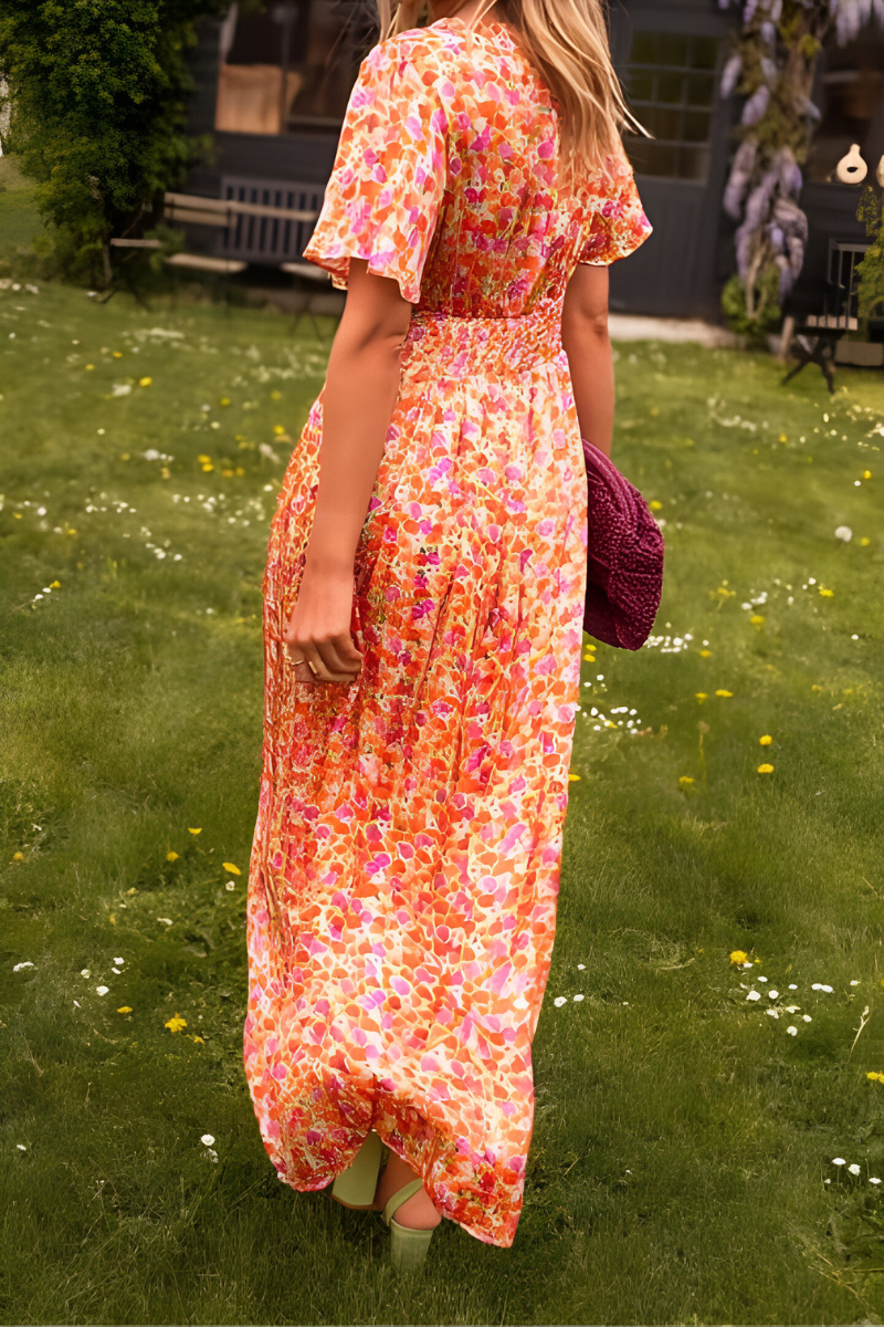 Women's Floral Maxi Dress – V-Neck Elastic Waist