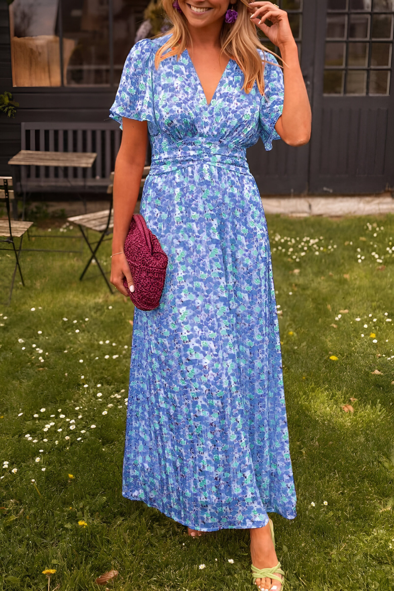 Women's Floral Maxi Dress – V-Neck Elastic Waist