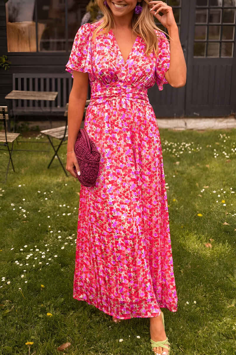 Women's Floral Maxi Dress – V-Neck Elastic Waist