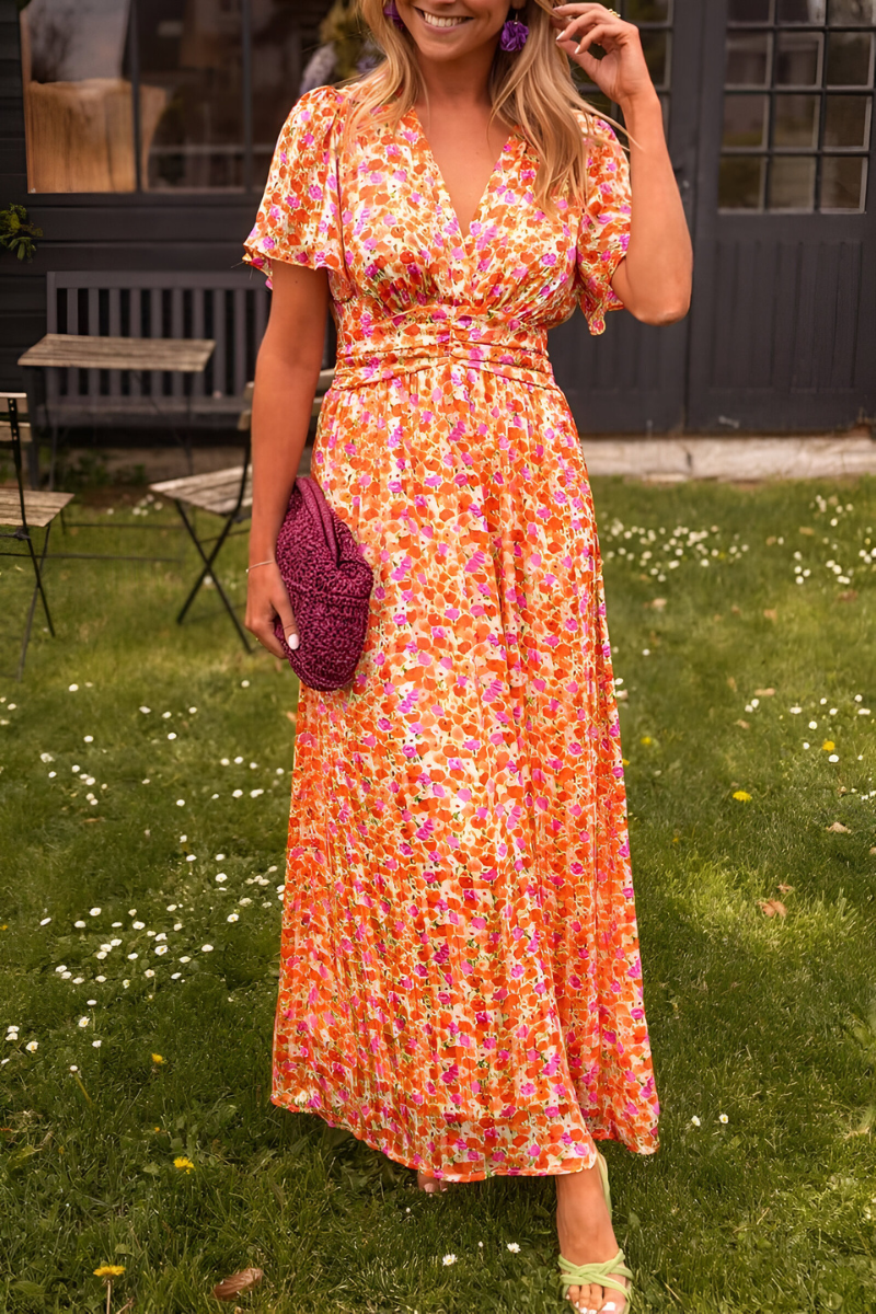 Women's Floral Maxi Dress – V-Neck Elastic Waist