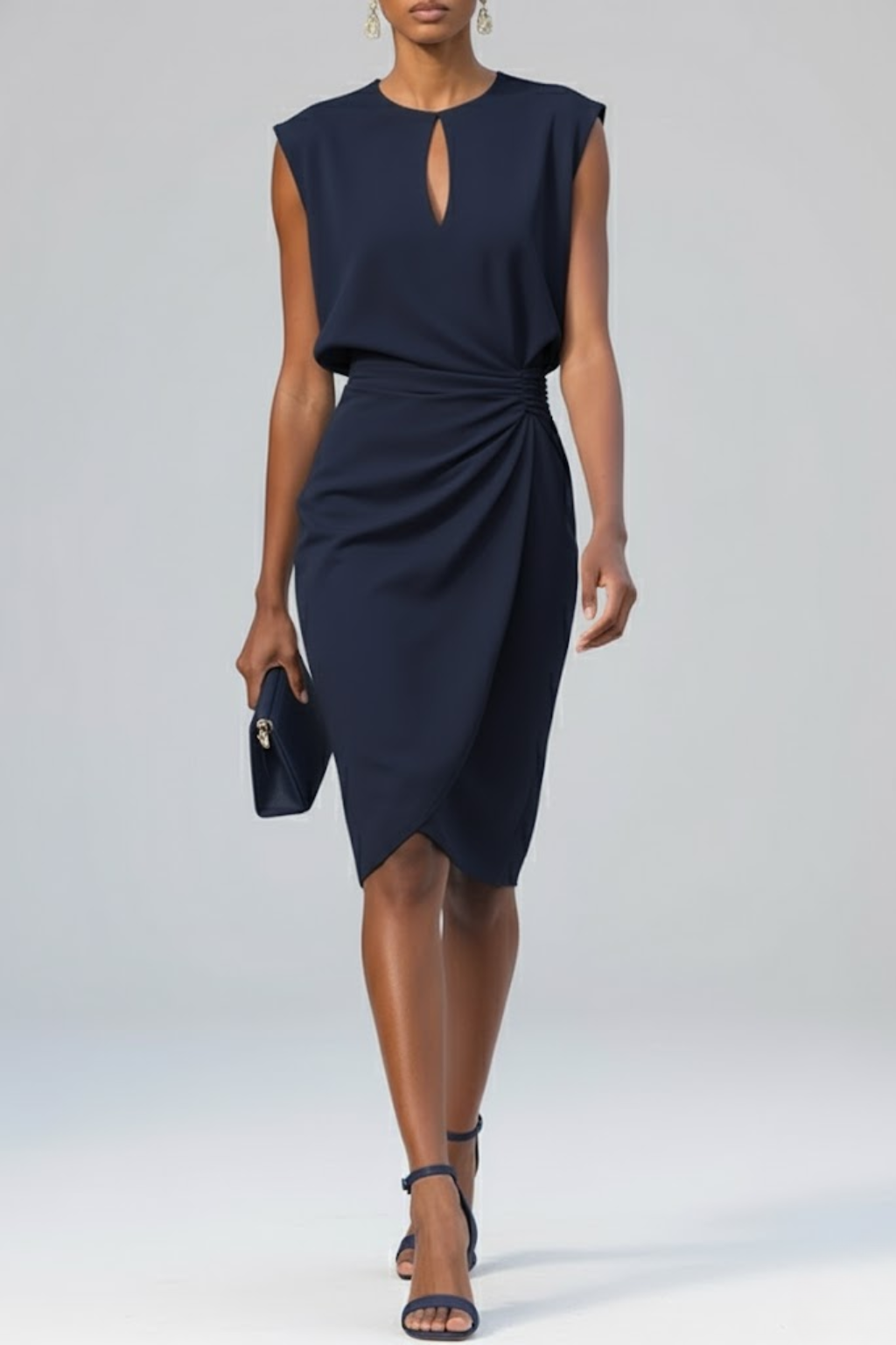 Women's Midi Cocktail Dress – Gathered Waist Keyhole Neck