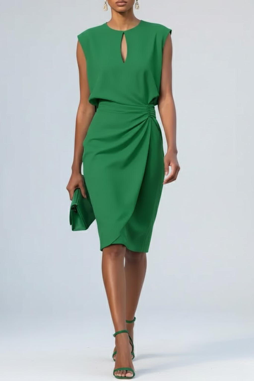 Women's Midi Cocktail Dress – Gathered Waist Keyhole Neck