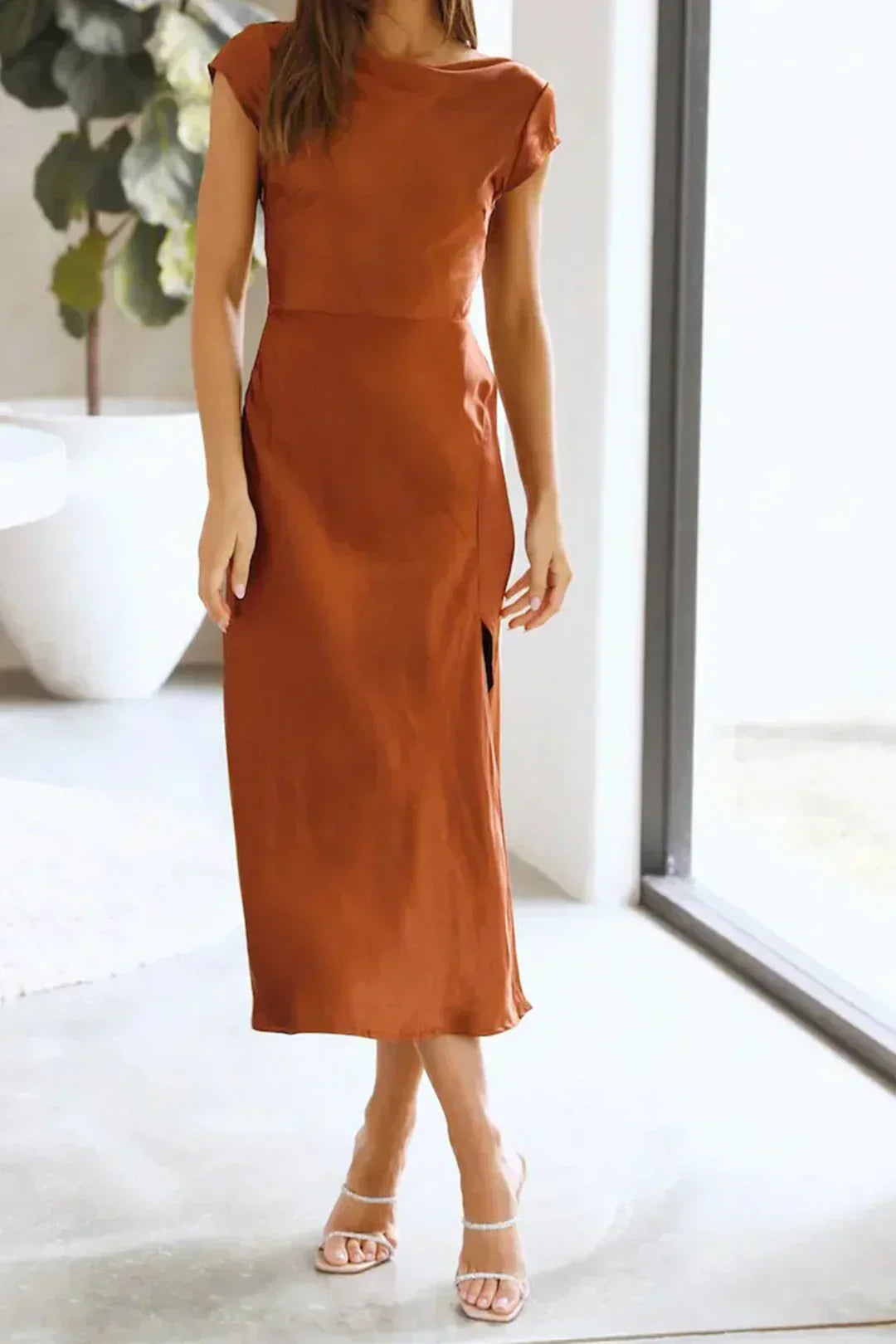 Women's Boat Neck Midi Dress – Short Sleeve Side Slit