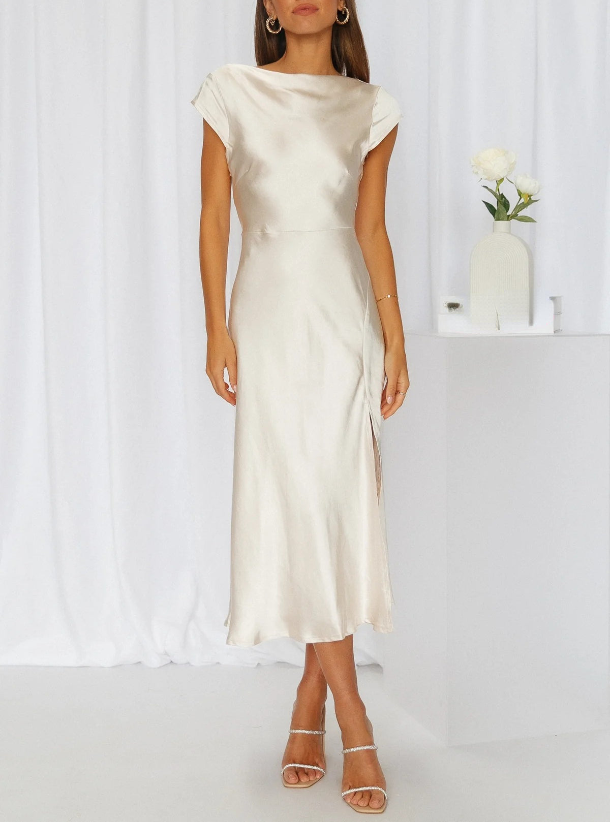Women's Boat Neck Midi Dress – Short Sleeve Side Slit