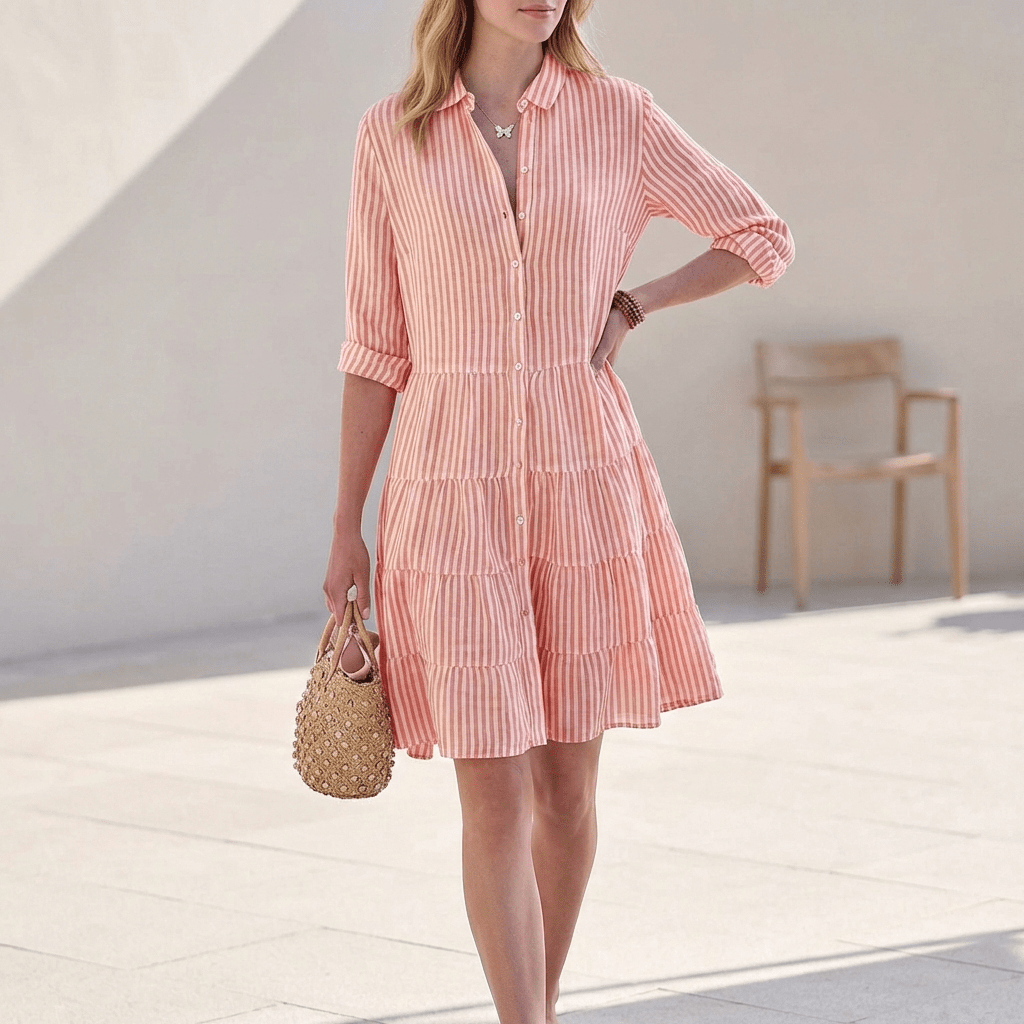 Women's Ruffled Mini Shirt Dress – Button-Front Collar