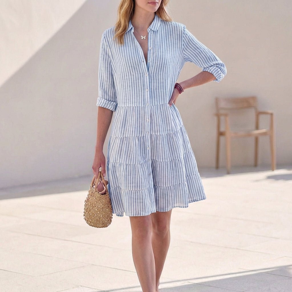 Women's Ruffled Mini Shirt Dress – Button-Front Collar