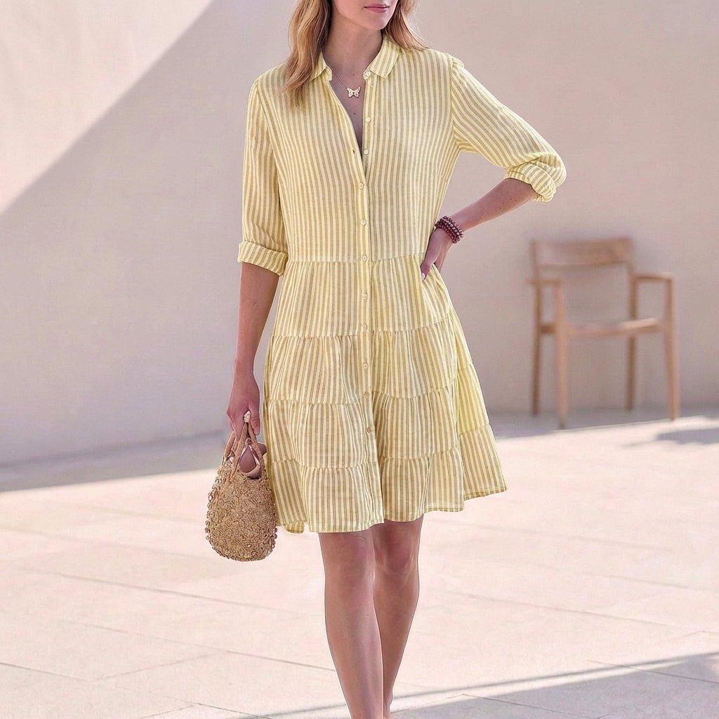Women's Ruffled Mini Shirt Dress – Button-Front Collar