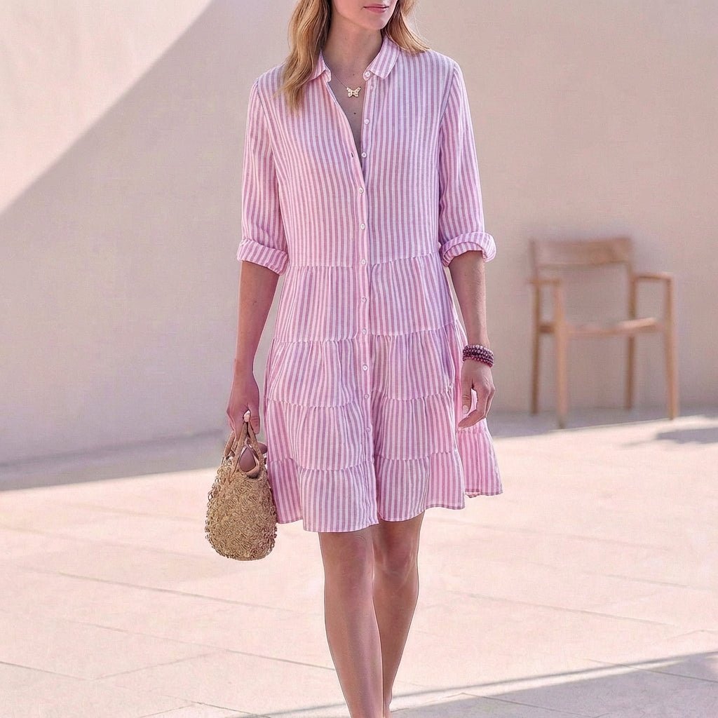 Women's Ruffled Mini Shirt Dress – Button-Front Collar
