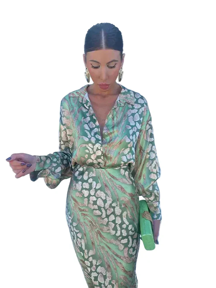 Women's Long Sleeve Skirt Set – Collared V-Neck Midi
