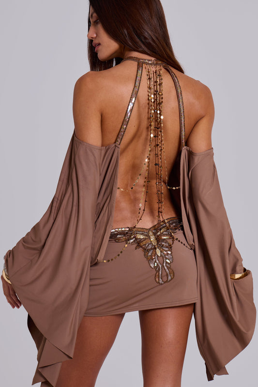 Women's Open-Back Mini Dress – Chain Back & Fluid Sleeves