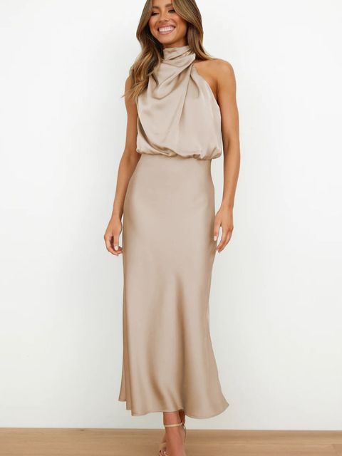Women's Satin Halter Midi Dress – Draped Fluid Silhouette