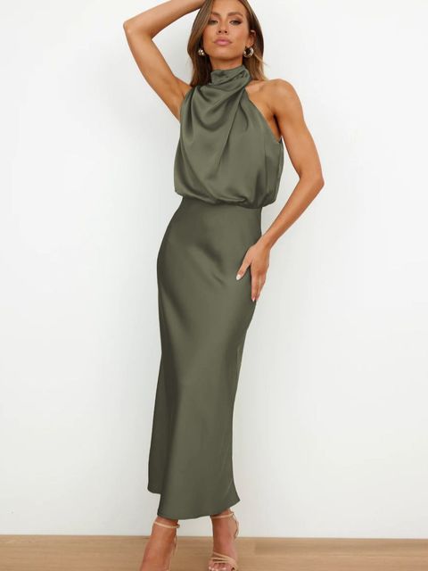 Women's Satin Halter Midi Dress – Draped Fluid Silhouette
