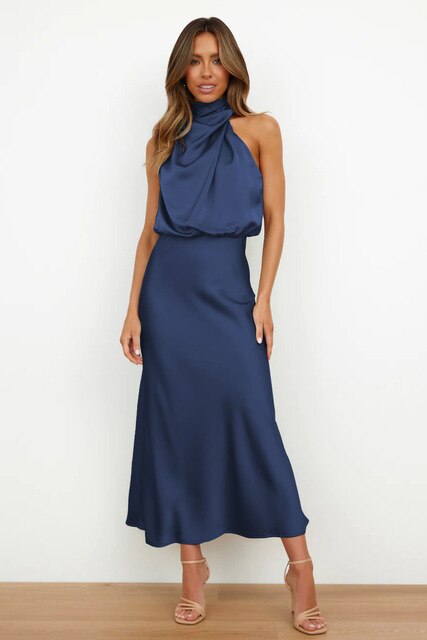 Women's Satin Halter Midi Dress – Draped Fluid Silhouette