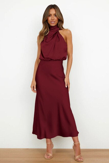 Women's Satin Halter Midi Dress – Draped Fluid Silhouette
