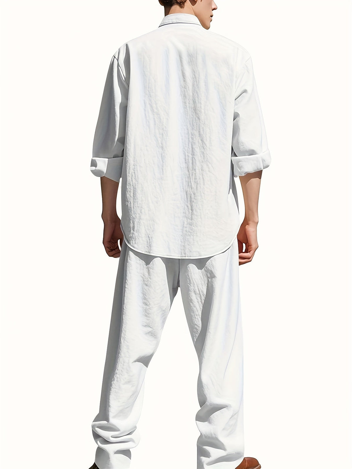 Men's Linen Two-Piece Set – Band Collar Shirt and Pants