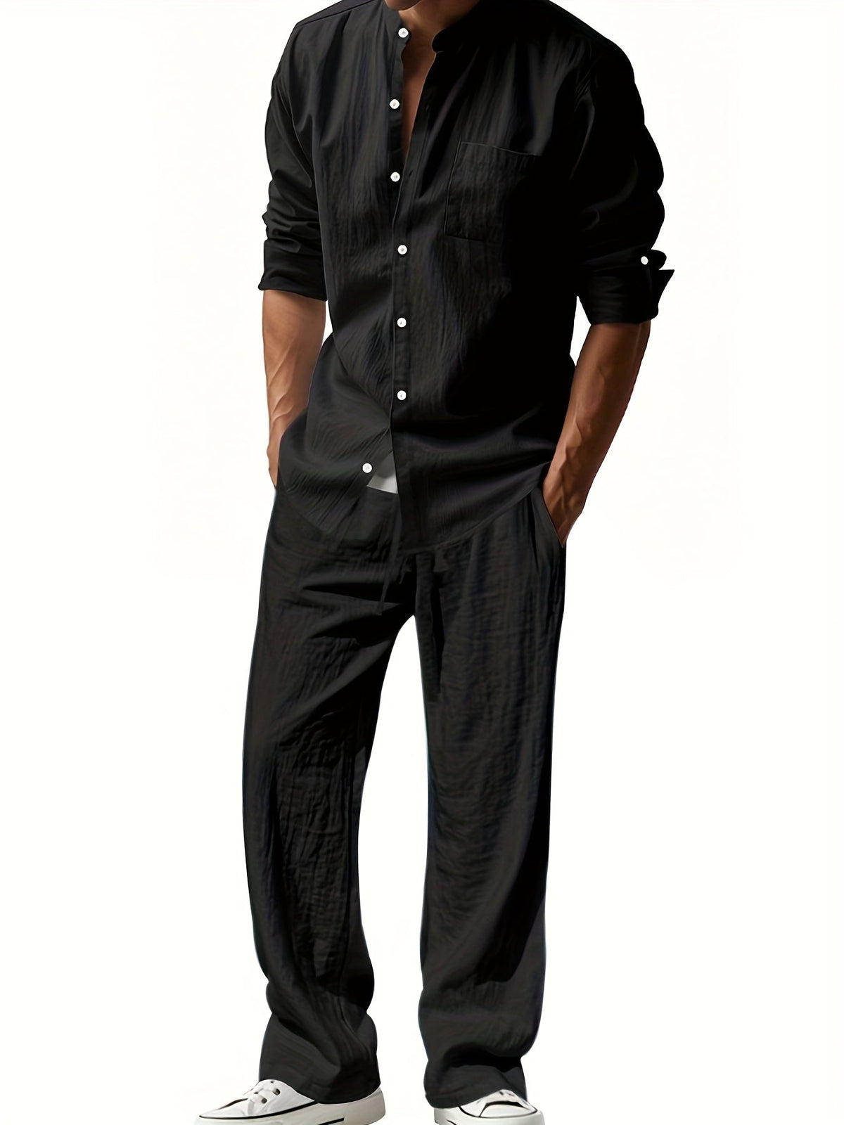 Men's Linen Two-Piece Set – Band Collar Shirt and Pants