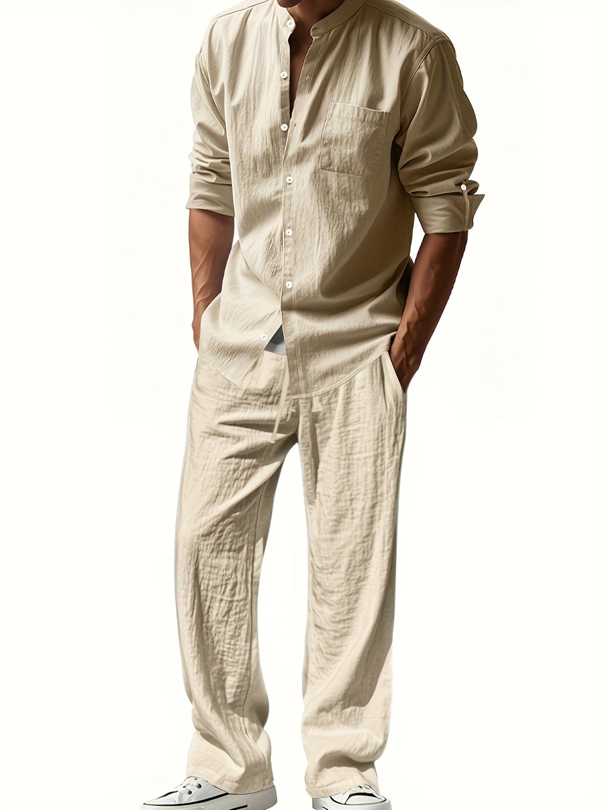 Men's Linen Two-Piece Set – Band Collar Shirt and Pants