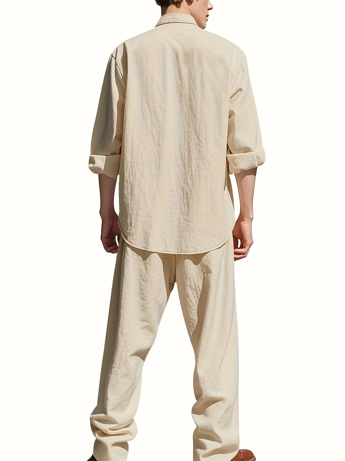 Men's Linen Two-Piece Set – Band Collar Shirt and Pants