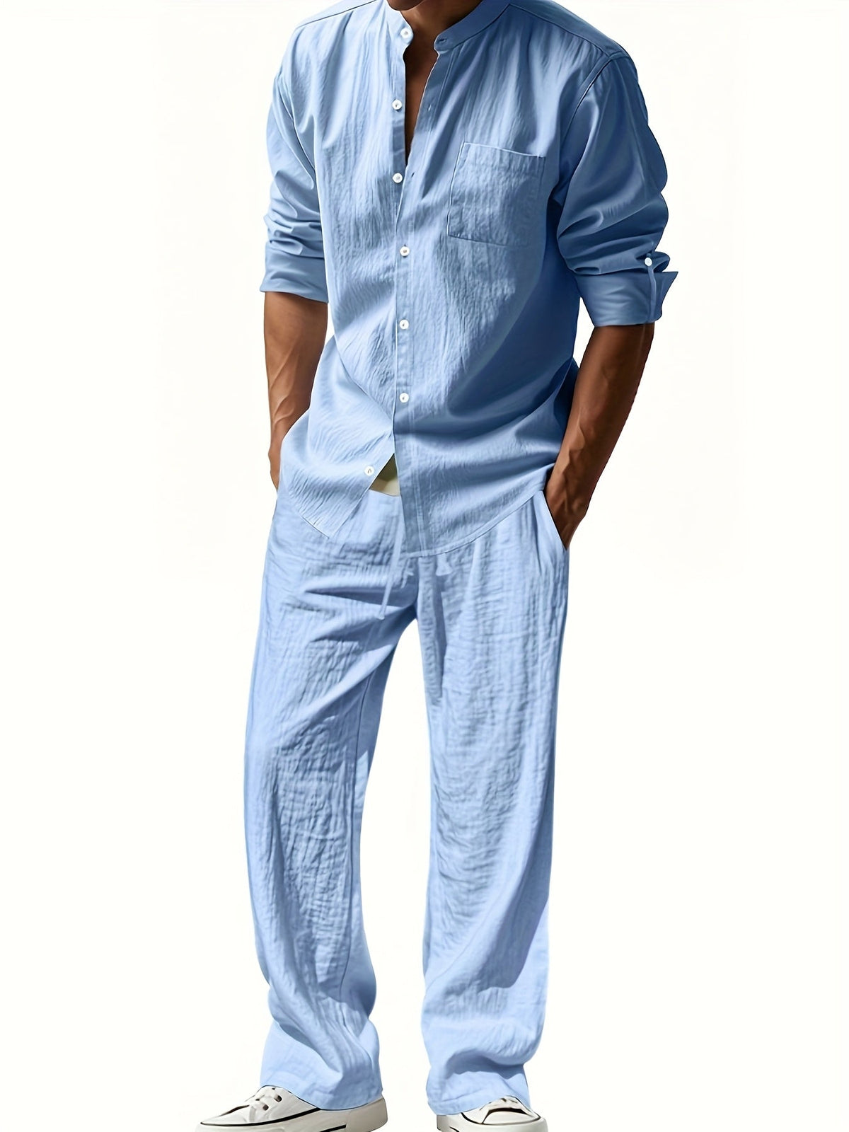 Men's Linen Two-Piece Set – Band Collar Shirt and Pants