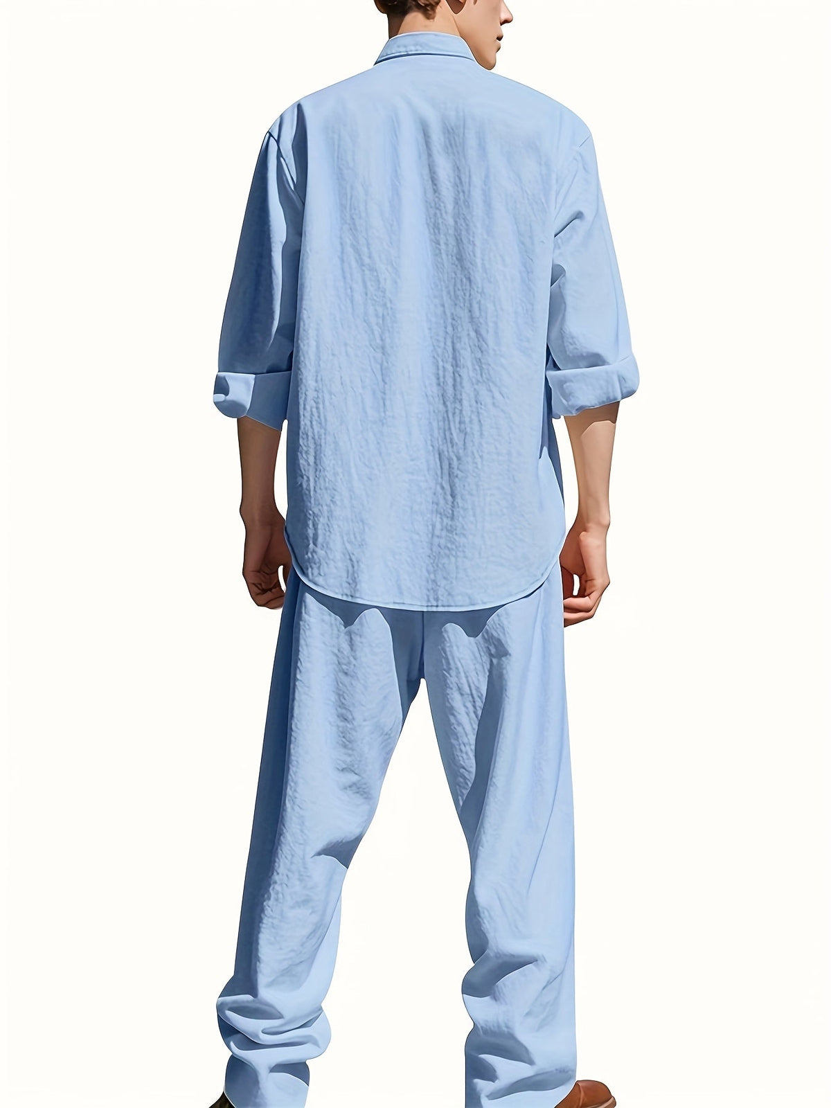 Men's Linen Two-Piece Set – Band Collar Shirt and Pants