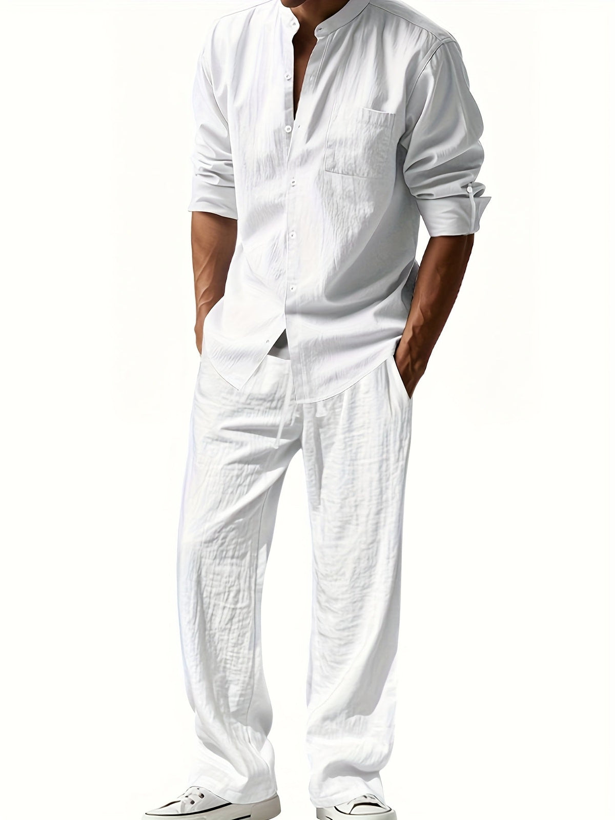 Men's Linen Two-Piece Set – Band Collar Shirt and Pants