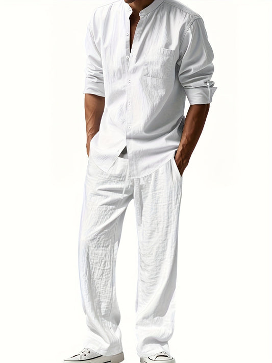 Men's Linen Two-Piece Set – Band Collar Shirt and Pants