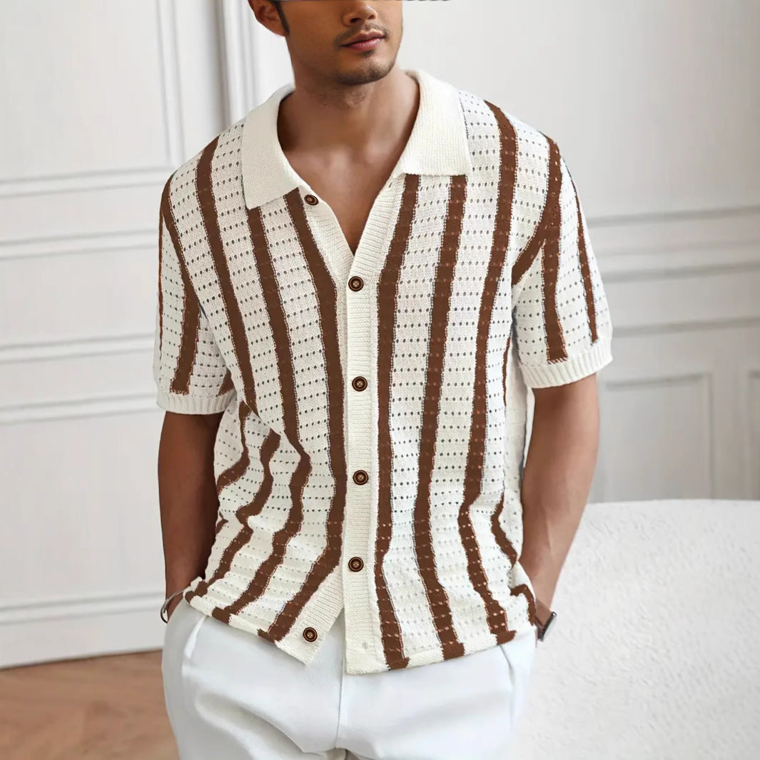 Men's Open-Knit Polo Shirt – Vertical Stripe Short Sleeve