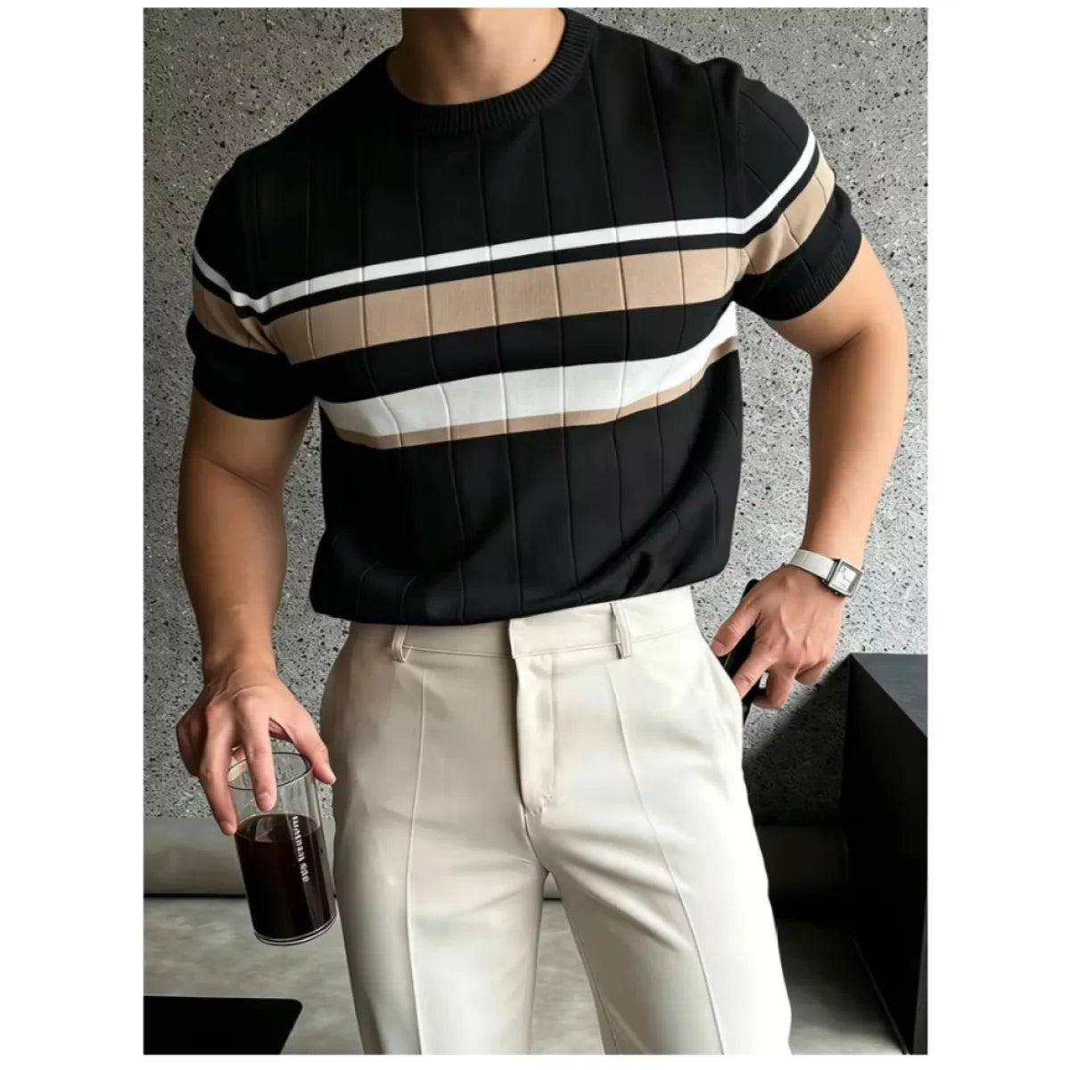 Men's Knit T-Shirt – Slim Color-Block Stripe