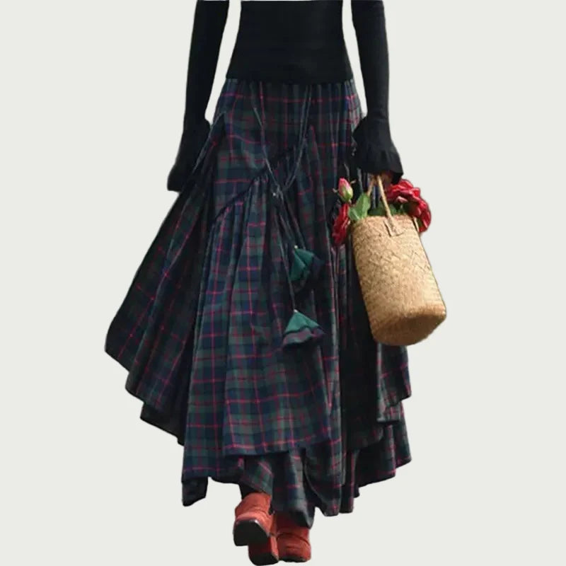 Women's Asymmetric Plaid Midi Skirt – Paneled Tiered Hem