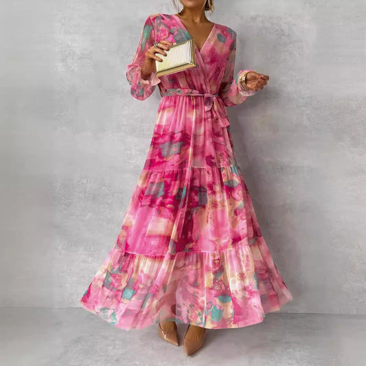 Women's Wrap Maxi Dress – Tiered Watercolor Floral